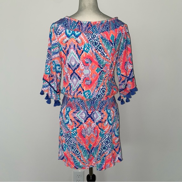 Lilly Pulitzer Joelle Dress Off Shoulder Crepe Multi Smocked Tassel M Beach - Picture 6 of 12